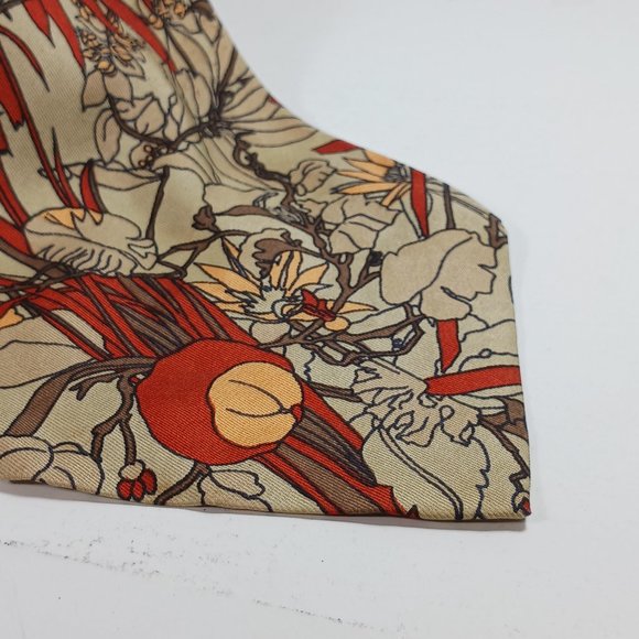 VTG Christian Dior Cravates Men's Silk Tie Tan Rust Yellow Cattails Plants 54" - Picture 2 of 8